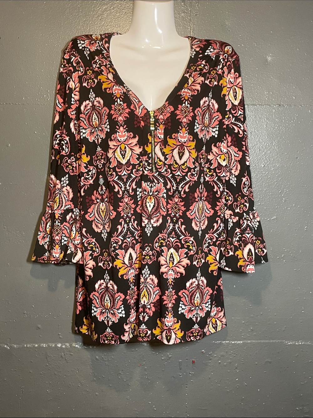 Roz & Ali Black Floral Zip V-Neck Tunic with Ruffled Sleeves